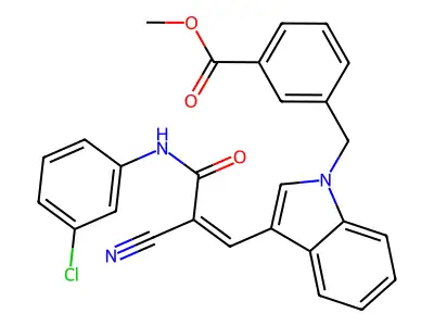 methyl 3-[[3-[3-(3-chloroanilino)-2-cyano-3-oxoprop-1-enyl]indol-1-yl]methyl]benzoate structure