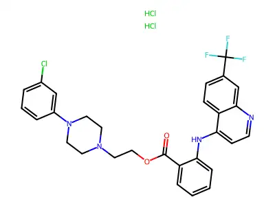 Benzoic acid, 2-((7-(trifluoromethyl)-4-quinolinyl)amino)-, 2-(4-(3-chlorophenyl)-1-piperazinyl)ethyl ester, dihydrochloride structure