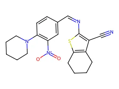 2-[(3-nitro-4-piperidin-1-ylphenyl)methylideneamino]-4,5,6,7-tetrahydro-1-benzothiophene-3-carbonitrile structure