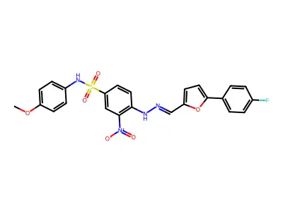 4-[2-[[5-(4-fluorophenyl)furan-2-yl]methylidene]hydrazinyl]-N-(4-methoxyphenyl)-3-nitrobenzenesulfonamide structure