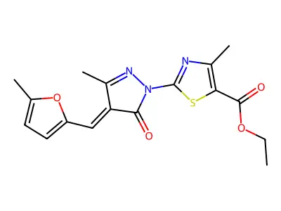 Ethyl 4-methyl-2-{3-methyl-4-[(5-methylfuran-2-yl)methylidene]-5-oxo-4,5-dihydro-1H-pyrazol-1-yl}-1,3-thiazole-5-carboxylate structure