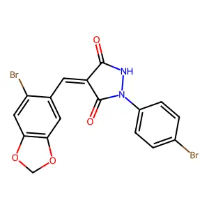 (4E)-4-[(6-bromo-1,3-benzodioxol-5-yl)methylidene]-1-(4-bromophenyl)pyrazolidine-3,5-dione structure