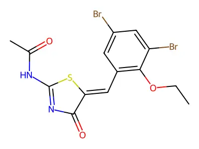 N-[5-[(3,5-dibromo-2-ethoxy-phenyl)methylidene]-4-oxo-1,3-thiazol-2-yl]acetamide structure