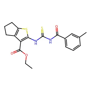 ethyl 2-({[(3-methylphenyl)carbonyl]carbamothioyl}amino)-5,6-dihydro-4H-cyclopenta[b]thiophene-3-carboxylate structure