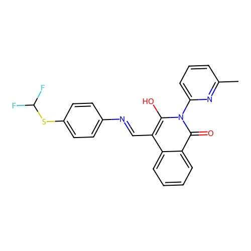 (4E)-4-[({4-[(difluoromethyl)sulfanyl]phenyl}amino)methylidene]-2-(6-methylpyridin-2-yl)isoquinoline-1,3(2H,4H)-dione structure