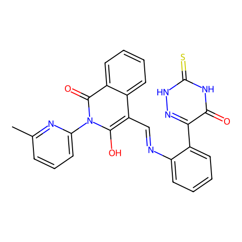(4E)-2-(6-methylpyridin-2-yl)-4-[[2-(5-oxo-3-sulfanylidene-2H-1,2,4-triazin-6-yl)anilino]methylidene]isoquinoline-1,3-dione structure