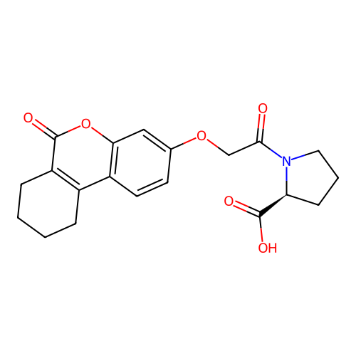 1-{[(6-oxo-7,8,9,10-tetrahydro-6H-benzo[c]chromen-3-yl)oxy]acetyl}-L-proline structure