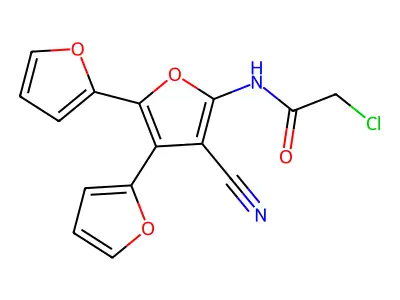 2-chloro-N-(4'-cyano-2'-(furan-2-yl)-(2,3'-bifuran)-5'-yl)acetamide structure