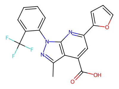 6-(furan-2-yl)-3-methyl-1-[2-(trifluoromethyl)phenyl]-1H-pyrazolo[3,4-b]pyridine-4-carboxylic acid structure