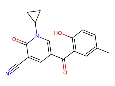 1-cyclopropyl-5-(2-hydroxy-5-methylbenzoyl)-2-oxo-1,2-dihydropyridine-3-carbonitrile structure