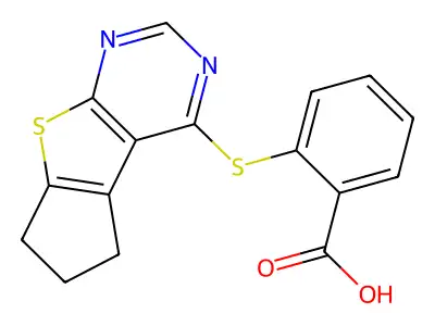 2-(2,3-Dihydro-1H-8-thia-5,7-diaza-cyclopenta[a]inden-4-ylsulfanyl)-benzoic acid structure