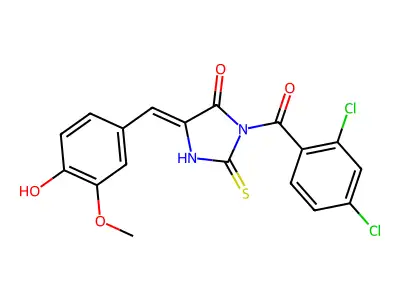 3-(2,4-dichlorobenzoyl)-5-[(4-hydroxy-3-methoxyphenyl)methylidene]-2-sulfanylideneimidazolidin-4-one structure