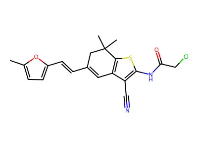 2-chloro-N-{3-cyano-7,7-dimethyl-5-[2-(5-methylfuran-2-yl)ethenyl]-6,7-dihydro-1-benzothiophen-2-yl}acetamide structure