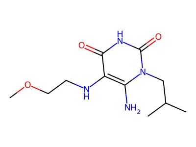 6-amino-5-[(2-methoxyethyl)amino]-1-(2-methylpropyl)-1,2,3,4-tetrahydropyrimidine-2,4-dione structure