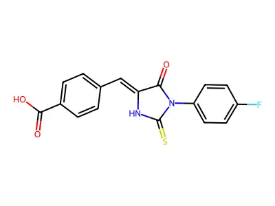 4-{[1-(4-fluorophenyl)-5-oxo-2-sulfanylideneimidazolidin-4-ylidene]methyl}benzoic acid structure