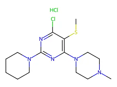 Pyrimidine, 4-chloro-6-(4-methyl-1-piperazinyl)-5-(methylthio)-2-piperidino-, hydrochloride structure