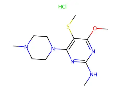 Pyrimidine, 4-methoxy-2-(methylamino)-6-(4-methyl-1-piperazinyl)-5-(methylthio)-, monohydrochloride structure