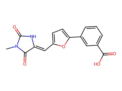 3-[5-[(1-Methyl-2,5-dioxoimidazolidin-4-ylidene)methyl]furan-2-yl]benzoic acid structure