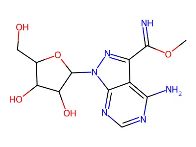 methyl 4-amino-1-[3,4-dihydroxy-5-(hydroxymethyl)oxolan-2-yl]pyrazolo[3,4-d]pyrimidine-3-carboximidate structure