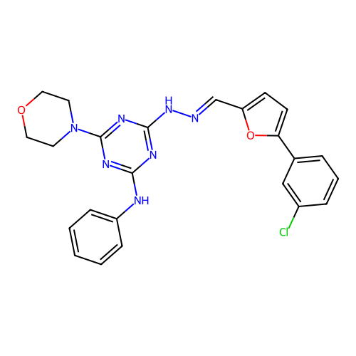 2-N-[(E)-[5-(3-chlorophenyl)furan-2-yl]methylideneamino]-6-morpholin-4-yl-4-N-phenyl-1,3,5-triazine-2,4-diamine structure