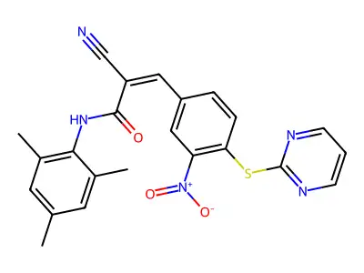 (Z)-2-Cyano-3-(3-nitro-4-pyrimidin-2-ylsulfanylphenyl)-N-(2,4,6-trimethylphenyl)prop-2-enamide structure