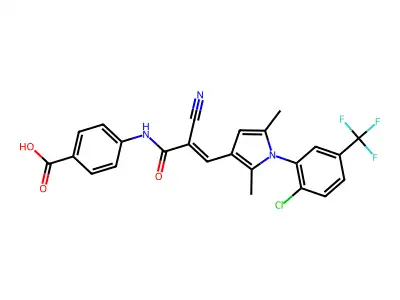 4-(3-{1-[2-chloro-5-(trifluoromethyl)phenyl]-2,5-dimethyl-1H-pyrrol-3-yl}-2-cyanoprop-2-enamido)benzoic acid structure