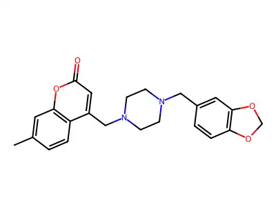 4-((4-(benzo[d][1,3]dioxol-5-ylmethyl)piperazin-1-yl)methyl)-7-methyl-2H-chromen-2-one structure