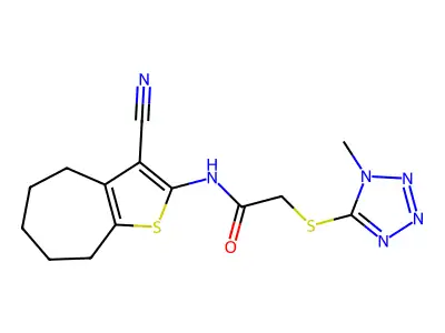 N-(3-cyano-5,6,7,8-tetrahydro-4H-cyclohepta[b]thiophen-2-yl)-2-(1-methyltetrazol-5-yl)sulfanylacetamide structure