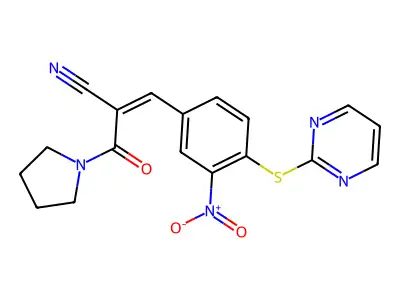 (Z)-3-(3-nitro-4-pyrimidin-2-ylsulfanylphenyl)-2-(pyrrolidine-1-carbonyl)prop-2-enenitrile structure