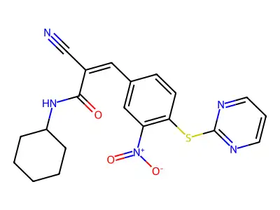 2-cyano-N-cyclohexyl-3-[3-nitro-4-(pyrimidin-2-ylsulfanyl)phenyl]prop-2-enamide structure