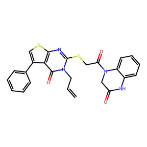 3-Allyl-2-((2-oxo-2-(3-oxo-3,4-dihydroquinoxalin-1(2H)-yl)ethyl)thio)-5-phenylthieno[2,3-d]pyrimidin-4(3H)-one structure