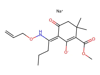 Methyl 5-[1-[(allyloxy)imino]butyl]-2,2-dimethyl-4,6-dioxocyclohexanecarboxylate, sodium salt structure