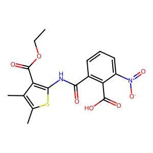 2-{[3-(Ethoxycarbonyl)-4,5-dimethylthiophen-2-yl]carbamoyl}-6-nitrobenzoic acid structure