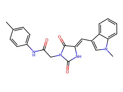 2-[4-[(1-methylindol-3-yl)methylidene]-2,5-dioxoimidazolidin-1-yl]-N-(4-methylphenyl)acetamide structure
