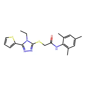 2-((4-Ethyl-5-(2-thienyl)-4H-1,2,4-triazol-3-YL)thio)-N-mesitylacetamide structure