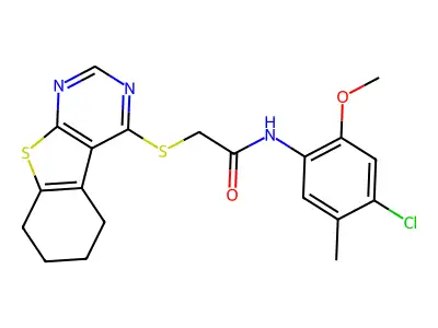N-(4-chloro-2-methoxy-5-methylphenyl)-2-(5,6,7,8-tetrahydro[1]benzothieno[2,3-d]pyrimidin-4-ylsulfanyl)acetamide structure