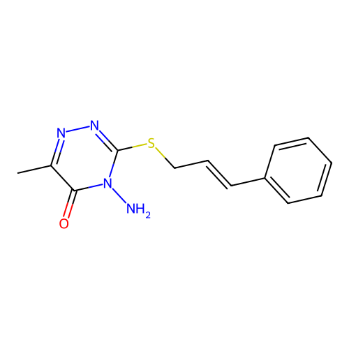4-amino-3-(cinnamylthio)-6-methyl-1,2,4-triazin-5(4H)-one structure