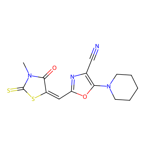 (E)-2-((3-methyl-4-oxo-2-thioxothiazolidin-5-ylidene)methyl)-5-(piperidin-1-yl)oxazole-4-carbonitrile structure