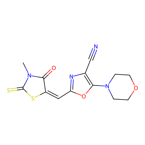 (E)-2-((3-methyl-4-oxo-2-thioxothiazolidin-5-ylidene)methyl)-5-morpholinooxazole-4-carbonitrile structure