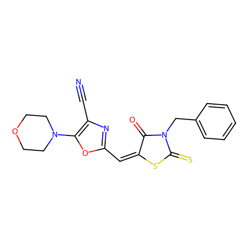 (E)-2-((3-benzyl-4-oxo-2-thioxothiazolidin-5-ylidene)methyl)-5-morpholinooxazole-4-carbonitrile structure