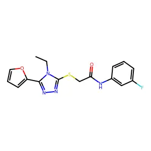 2-((4-Ethyl-5-(2-furyl)-4H-1,2,4-triazol-3-YL)thio)-N-(3-fluorophenyl)acetamide structure