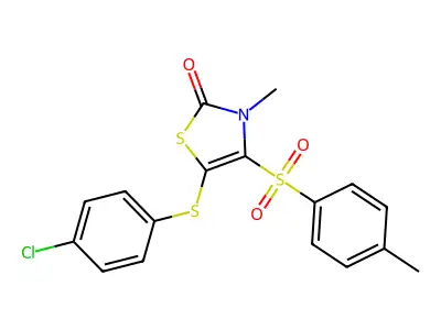5-((4-chlorophenyl)thio)-3-methyl-4-tosylthiazol-2(3H)-one structure