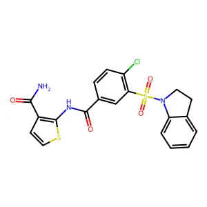 2-[[4-chloro-3-(2,3-dihydroindol-1-ylsulfonyl)benzoyl]amino]thiophene-3-carboxamide structure