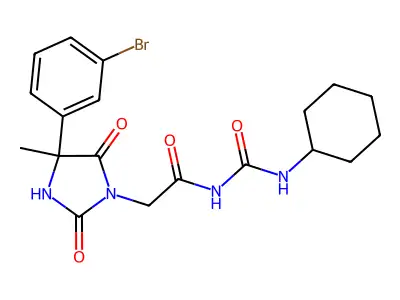 2-[4-(3-bromophenyl)-4-methyl-2,5-dioxoimidazolidin-1-yl]-N-(cyclohexylcarbamoyl)acetamide structure