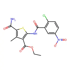 ethyl 5-(aminocarbonyl)-2-({2-chloro-5-nitrobenzoyl}amino)-4-methyl-3-thiophenecarboxylate structure