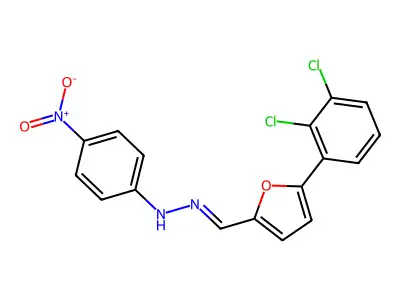 N-[[5-(2,3-dichlorophenyl)furan-2-yl]methylideneamino]-4-nitroaniline structure
