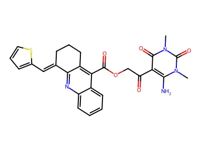 [2-(4-amino-1,3-dimethyl-2,6-dioxopyrimidin-5-yl)-2-oxoethyl] 4-(thiophen-2-ylmethylidene)-2,3-dihydro-1H-acridine-9-carboxylate structure