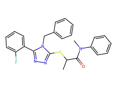 2-[[4-benzyl-5-(2-fluorophenyl)-1,2,4-triazol-3-yl]sulfanyl]-N-methyl-N-phenylpropanamide structure