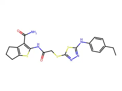 2-[[2-[[5-(4-ethylanilino)-1,3,4-thiadiazol-2-yl]sulfanyl]acetyl]amino]-5,6-dihydro-4H-cyclopenta[b]thiophene-3-carboxamide structure