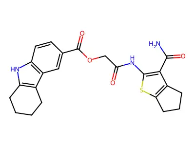 [2-[(3-carbamoyl-5,6-dihydro-4H-cyclopenta[b]thiophen-2-yl)amino]-2-oxoethyl] 6,7,8,9-tetrahydro-5H-carbazole-3-carboxylate structure